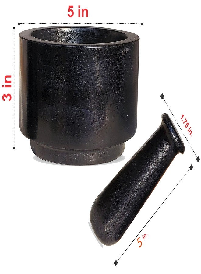 بيور سورس انديا طقم هاون ومدقة من حجر الرخام الأسود من بيور سورس إنديا للتوابل، هاون ومدقة، حجر خلباتا، خرال، خلاط، مطحنة طبيعية وتقليدية، موسال، مطحنة أعشاب، 5 بوصة - Image 3